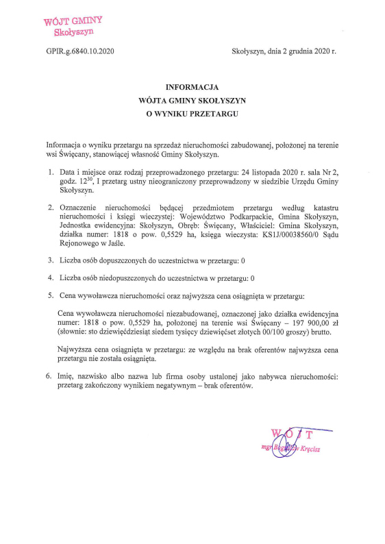 Inf.o wyniku I przetargu 1818 Święcany