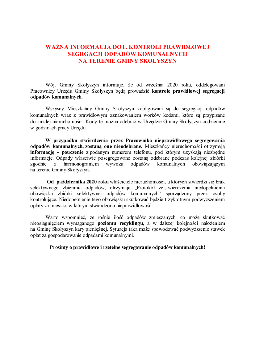 WAŻNA INORMACJA ODPADY KONTROLA SKOLYSZYN