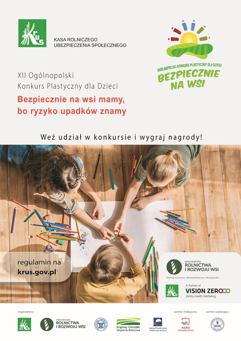 plakat XII Ogólnopolski Konkurs Plastyczny dla Dzieci Bezpiecznie na wsi mamy bo ryzyko upadków znamy